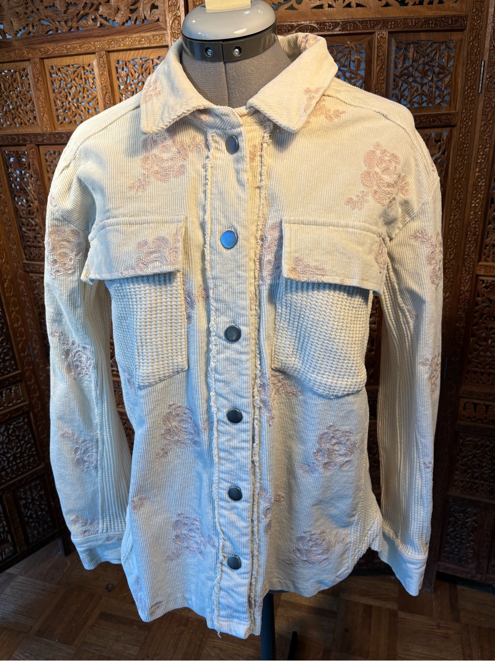 Mystree Cream Corduroy & Waffle Knit Shacket with Rose Embroidery